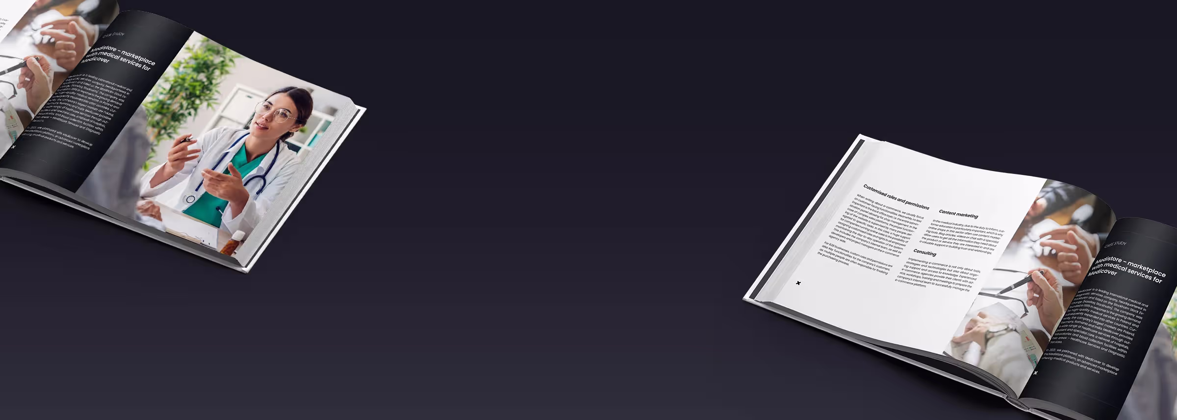 A couple of pages of a brochure on a black background.